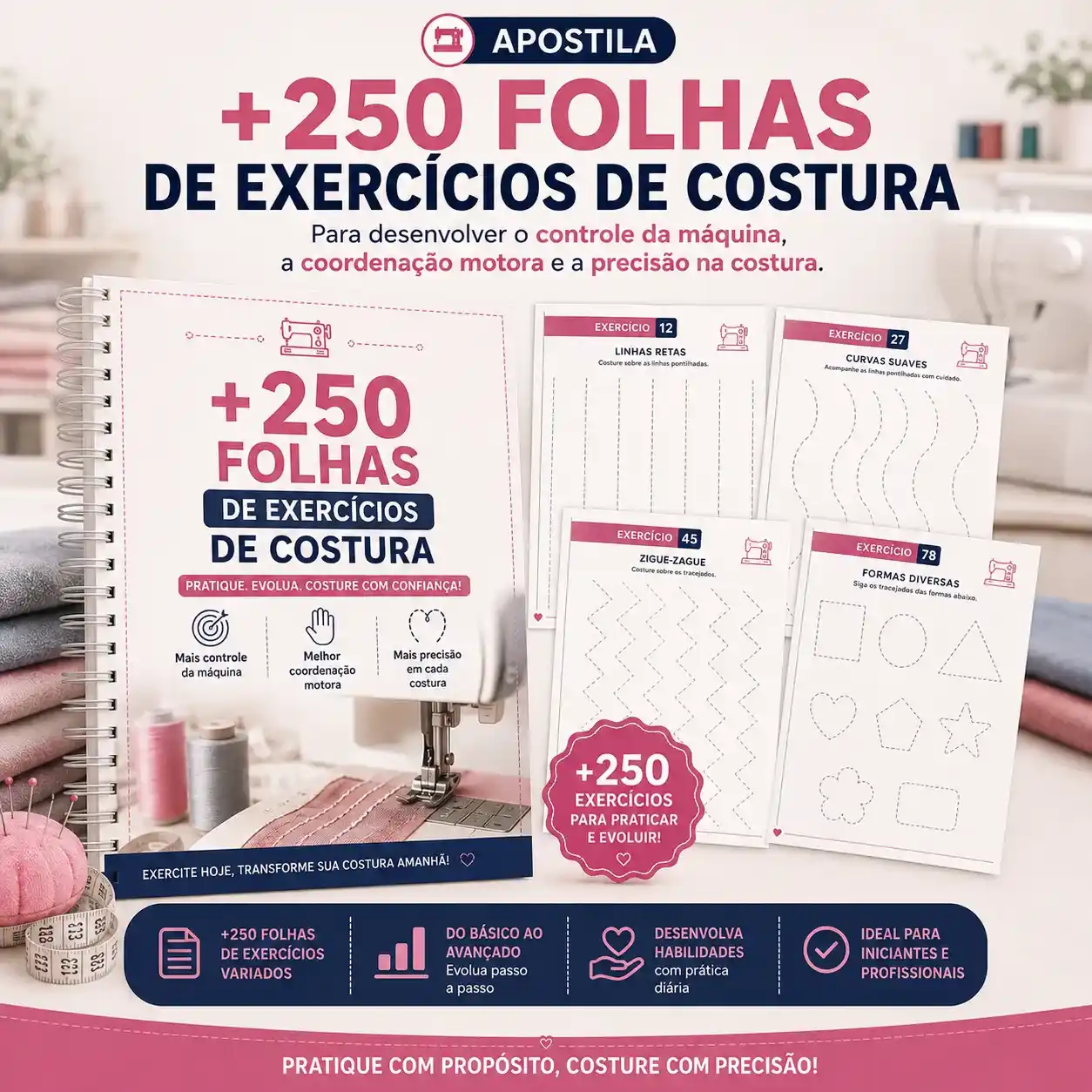 Mockup da apostila com +250 folhas de exercícios de costura